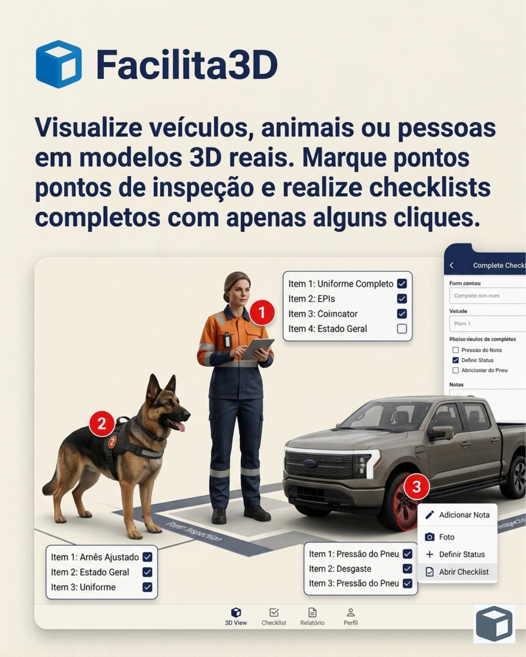 Inspeção 3D interativa de veículos, animais e pessoas no Facilita3D